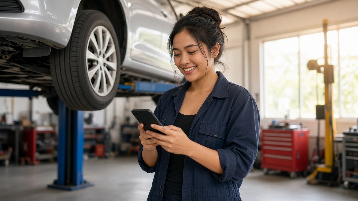 AI-generated illustration of a fictional auto repair pro checking a text on the job