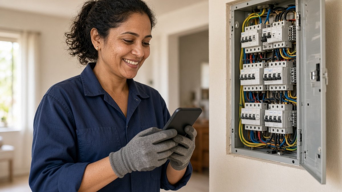 AI-generated illustration of a fictional electrical pro checking a text on the job