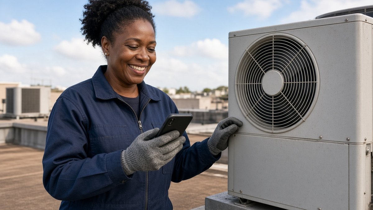 AI-generated illustration of a fictional HVAC pro checking a text on the job